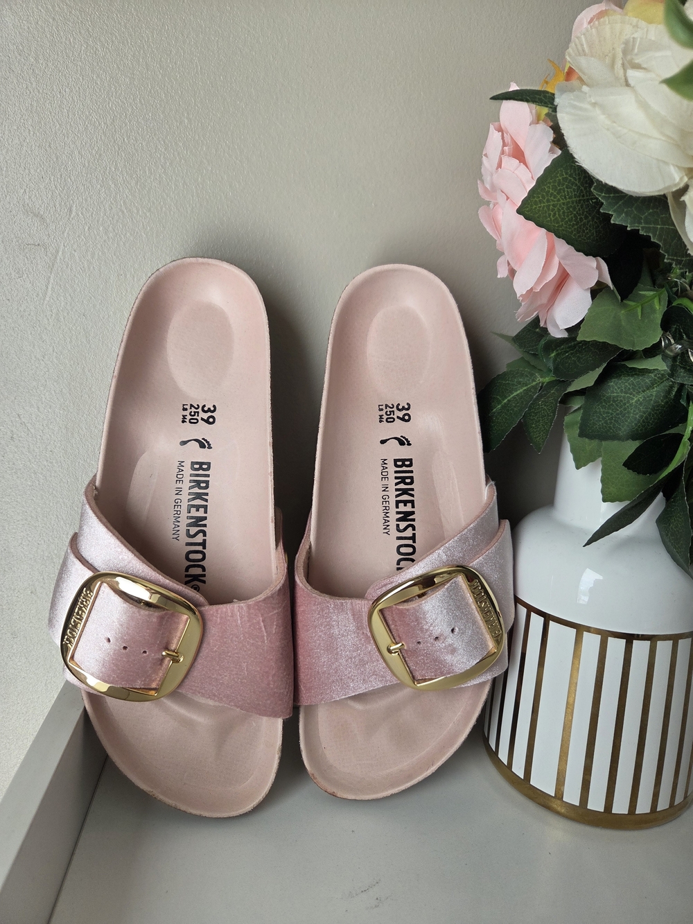 Birkenstock Pink Slide Sandals with Gold Buckles - Picture 5 of 16